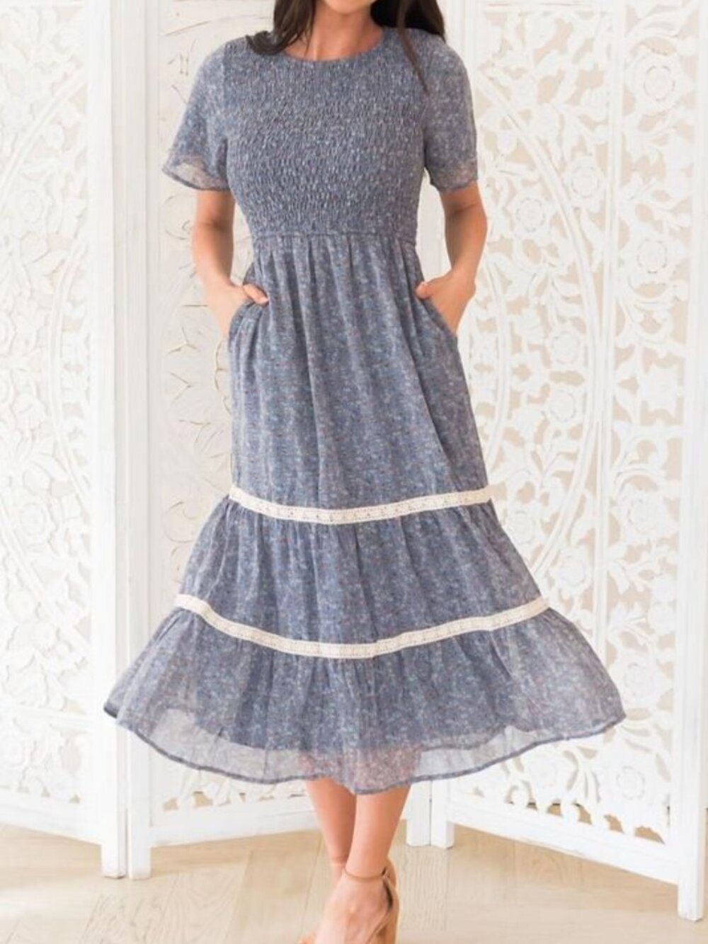 FEHRNVI Slate Blue Floral Smocked Lace Tiered Cottagecore Midi Dress Women's M